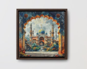 May include: A painting of a mosque with a blue dome and minarets, seen through an arched doorway. The mosque is painted in a colorful style with a bright blue sky and green trees.