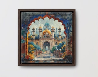 May include: A framed painting of a colorful, detailed illustration of a mosque with a golden dome, seen through an ornate archway. The mosque is surrounded by lush green trees and a blue sky.