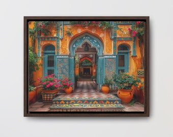 May include: A colourful, ornate doorway with blue doors and intricate tile work leads into a courtyard with lush greenery. The building is painted in shades of yellow and orange, with decorative arches and details.
