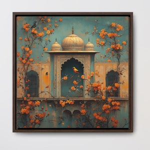 Mughal Style Bird in Palace Gallery Canvas Wrap, Square Frame, Persian Art, Pakistani Indian Afghan, Subcontinent Art Wall Decor Home Decor