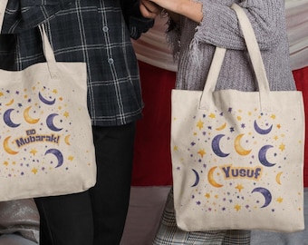Personalized Eid Gift Bags Customizable Eid Mubarak Tote Sack Eid Ramadan Celebration Party for kids Custom Islamic festive Gift Riwaj Art
