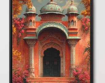 May include: A framed print of a colorful, ornate doorway with a teal-colored dome and a red brick facade. The doorway is adorned with intricate carvings and a dark wooden door. Lush greenery and pink flowers frame the entrance.