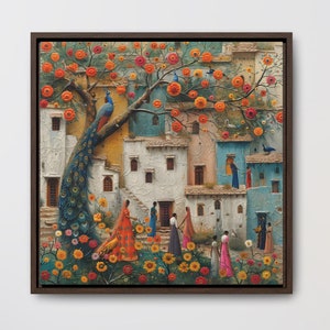 Sindhi Village Printable Art Poster Painting, Mughal Palace Afghan Pakistani Indian women Subcontinent Persian Wall Print Peacock Desi Decor