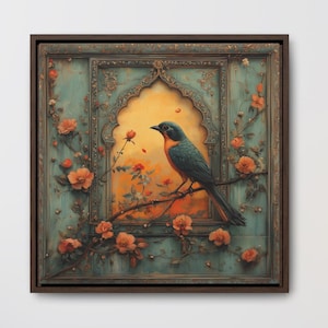 Mughal Style Bird in Palace Gallery Canvas Wrap, Square Frame, Persian Art, Pakistani Indian Afghan, Subcontinent Art Wall Decor Home Decor