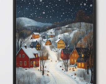 Folk Art Snowy Christmas Town Village Wall Art Frame Canvas Holiday Decor Gift Painting Xmas Unique Winter Print Cottage Artwork Decoration