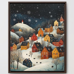 Póster imprimible de arte popular navideño de pueblo nevado, decoración navideña en lienzo, regalo navideño único, decoración de cabaña, arte invernal acogedor para la ciudad.
