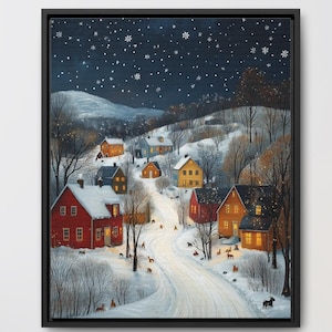 Póster imprimible de arte popular navideño de pueblo nevado, decoración navideña en lienzo, regalo navideño único, decoración de cabaña, arte invernal acogedor para la ciudad.