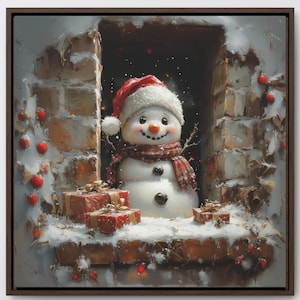 Christmas Snowman Canvas Framed Wall Art, Xmas Decor Print Modern Holiday Gift, Winter Coffee Tea cute festive Cozy