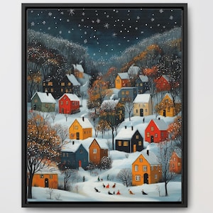 Póster imprimible de arte popular navideño de pueblo nevado, decoración navideña en lienzo, regalo navideño único, decoración de cabaña, arte invernal acogedor para la ciudad.