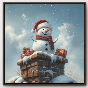 Christmas Snowman Canvas Framed Wall Art, Xmas Decor Print Modern Holiday Gift, Winter Coffee Tea cute festive Cozy