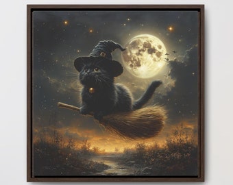 Pintura de parede de gato preto de Halloween, moldura quadrada de tela de galeria, decoração assustadora de gato cottagecore escuro, presente de outono de bruxa gótica