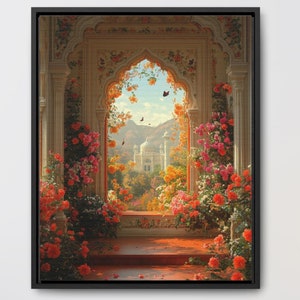Mughal Floral Palace Gallery Canvas Wrap Framed Wall Art, Pakistani Indian Subcontinent Persian Afghan Southasian style decor arch Islamic
