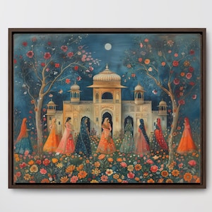 Mughal Style Art Women in Palace Canvas Framed Wall art Indian Pakistani Persian Afghan Art, Desi Decor, Home Accent, Ethnic Southasian Gift