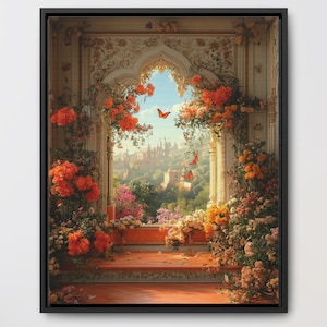 Mughal Floral Palace Gallery Canvas Wrap Framed Wall Art, Pakistani Indian Subcontinent Persian Afghan Southasian style decor arch Islamic