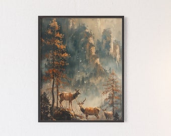 Deer in the American Wilderness, Digital Download Only, Deer Art Print Sunset Forest - Nature Wall Art -  Animal Wildlife - Deer Artwork