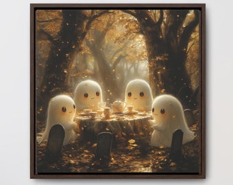 Halloween Spooky Ghosts Wall Decor, Digital Download Only, Ghost and Coffee, tea party Gallery canvas, Halloween Gift, spooky season art