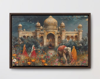 May include: A painting of a large, ornate building with a dome in the center. The building is surrounded by a garden with flowers and trees. There are three people in the garden, two women and an elephant. The women are wearing colorful clothing and the elephant is decorated with a red and gold saddle.