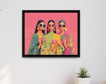 Desi Women with Chai, Indian Bollywood Style Art, Canvas Horizontal Frame, Afghan Pakistani Southasian Gift Pop art Minimalist Tea Coffee
