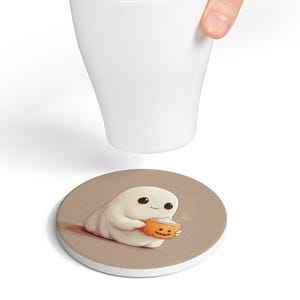 Cute Spooky Ghost Ceramic Coaster Autumn Holiday Season Gift Fall Halloween Vibrant Decor Modern Tableware Kitchen Accessory Housewarming