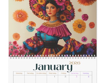 2026 Mexican Art Wall Calendar, Sizes 11x8.5 & 14x11.5 Yearly Planner Monthly Scheduler Office Decor Latin Ethnic Traditional Spanish Mexico