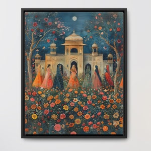Mughal Style Art Women in Palace Canvas Framed Wall art Indian Pakistani Persian Afghan Art, Desi Decor, Home Accent, Ethnic Southasian Gift