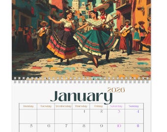 2026 Mexican Art Wall Calendar, Sizes 11x8.5 & 14x11.5 Yearly Planner Monthly Scheduler Office Decor Latin Ethnic Traditional Spanish Mexico