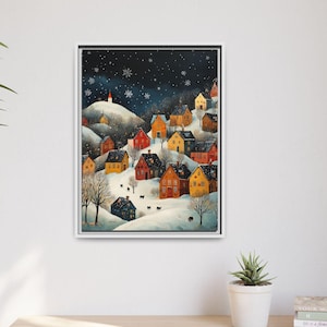 Arte popular con nieve navideña, pueblo, arte de pared, lienzo, decoración navideña, regalo, pintura, impresión única de Navidad, cabaña, invierno, obra de arte, decoración