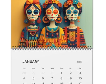 2026 Mexican Art Wall Calendar, Sizes 11x8.5 & 14x11.5 Yearly Planner Monthly Scheduler Office Decor Latin Ethnic Traditional Spanish Mexico