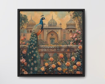 Mughal Style Art Peacocks Painting, Gallery Canvas Square Frame, Palace Afghan Pakistani Indian women Subcontinent Persian Wall Print Poster