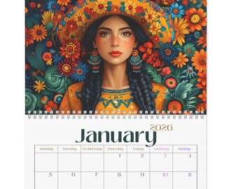 2026 Mexican Art Wall Calendar, Sizes 11x8.5 & 14x11.5 Yearly Planner Monthly Scheduler Office Decor Latin Ethnic Traditional Spanish Mexico