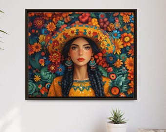 Ingelijst canvas kunstwerk van een Mexicaanse vrouw – Folkloreportret uit Chiapas