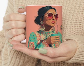 Benutzerdefinierte Desi Indian Bollywood Becher, Keramikbecher Geschenk, 11 Unze 15 Unze pakistanische südasiatische Geschenk Bunte ethnische hitzeempfindliche Kaffee-Liebhaber-Teetasse