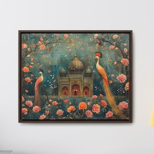 Persian Palace Mughal Art Digital Download Only, Pakistani Indian Subcontinent Persian Palace Oil Painting, Royal Mughal Style Bird flowers