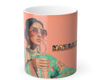 Kundenspezifische Desi indische Bollywood-Becher, Farbmorphing-Becher, 11 Unze pakistanische südasiatische Geschenk Bunte ethnische wärmeempfindliche Kaffeeliebhaber-Teeschale