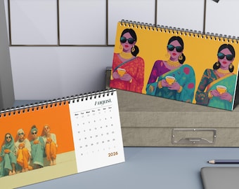 2026 Desi Office Desk Calendar, Size 10" x 5" Southasian Ethnic Pakistani Indian Persian Pop art traditional culture Yearly Monthly Planner