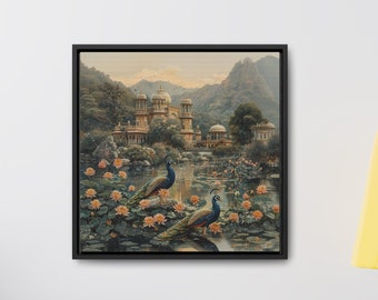 May include: A framed painting of a palace with two peacocks standing in a pond with lotus flowers. The palace is surrounded by lush greenery and mountains in the background.
