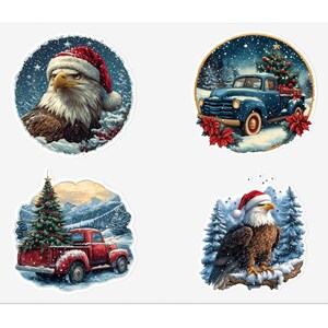 May include: Set of four Christmas-themed stickers. Designs include an eagle wearing a Santa hat, a blue truck with a Christmas tree, a red truck with a Christmas tree, and an eagle wearing a Santa hat perched on a branch.