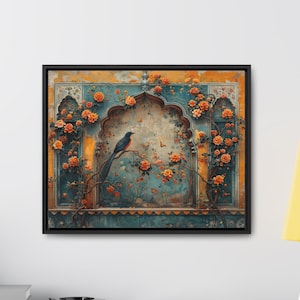 Persian Palace Mughal Art Digital Download Only, Pakistani Indian Subcontinent Persian Palace Oil Painting, Royal Mughal Style Bird flowers