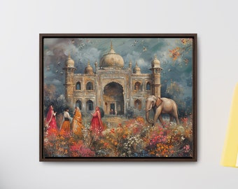 May include: A framed canvas print depicting an Indian palace with a large dome and multiple smaller domes. Figures in colorful saris walk through a flower garden, and an elephant walks nearby. The sky is a mix of blues and grays.