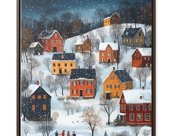 Christmas Folk Art Snowy Village Wall Art - Matte Vertical Poster, Canvas Holiday Decor, Unique Xmas Gift, Cottage Decoration, Town cozy art