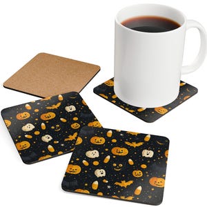 Cute Halloween Coaster Set of 4 - Autumn Holiday Season Pumpkin Ghost Home Decor Drink Coasters Gift Kitchen Accessory Coffee Tea Riwaj Art