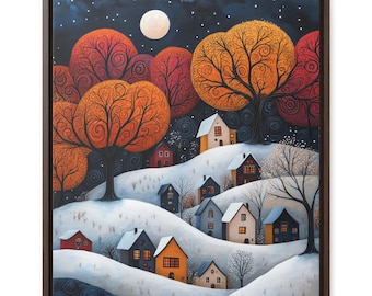 Christmas Folk Art Snowy Village Wall Art - Matte Vertical Poster, Canvas Holiday Decor, Unique Xmas Gift, Cottage Decoration, Town cozy art