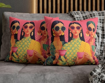 Desi Women with Chai Pillowcase - Ethnic Traditional Indian Bollywood Style Pakistani Throw Pillow Cover, Southasian minimalist pop art tea