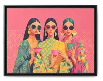 Mujeres desi con chai, arte indio estilo Bollywood, lienzo con marco horizontal, regalo afgano, pakistaní, del sur de Asia, arte pop minimalista, té y café.