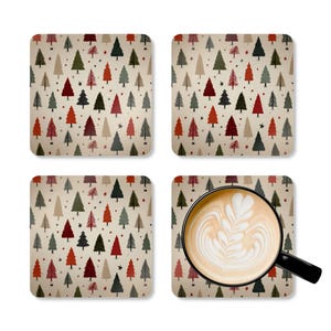 Christmas Tree Coaster Set of 4 Autumn Xmas Holiday Season Coffee Mug Design Unique Drink Coasters Home Decor Gift Garden Lovers Riwaj Art