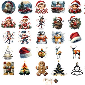 Może przedstawiać: Kolekcja naklejek o tematyce świątecznej z różnymi świątecznymi ilustracjami. Projekty obejmują Świętego Mikołaja, elfy, pingwiny, leniwce, dziadki do orzechów, choinki, ozdoby, renifery i piernikowych ludzików. Każda naklejka ma unikalny design.