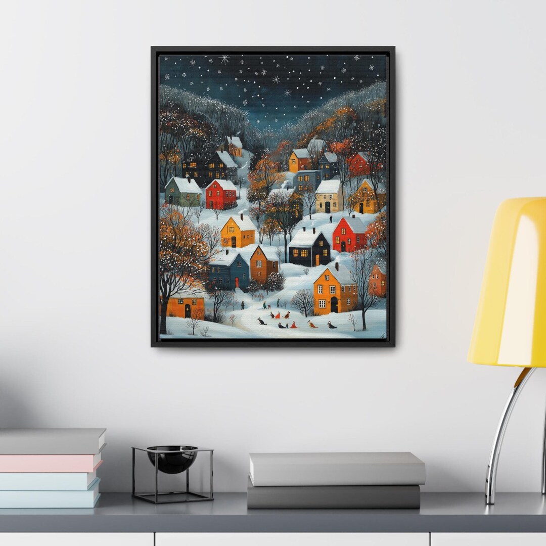 Folk Art Snowy Christmas Town Village Wall Art Frame Canvas Holiday ...