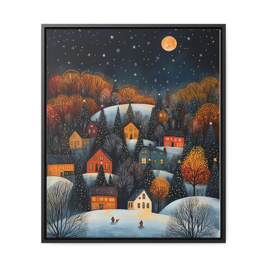 Christmas Folk Art Snowy Village Wall Art - Matte Vertical Poster ...