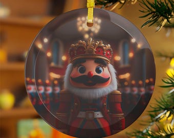 May include: Round Christmas ornament featuring a cartoon Nutcracker soldier with a crown, mustache, and red uniform. The ornament has a gold ribbon for hanging and is set against a blurred background of a festive room.