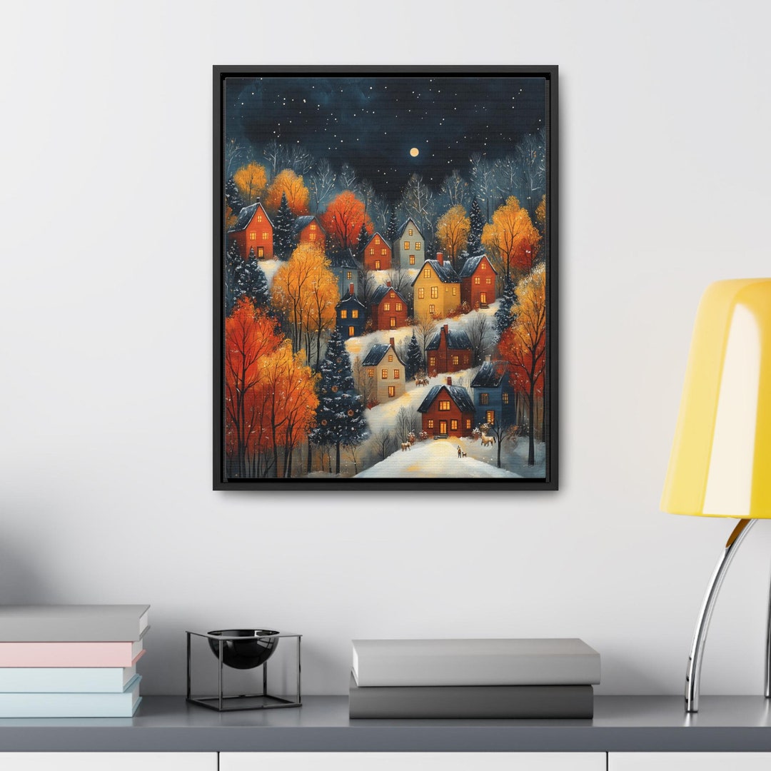 Christmas Folk Art Snowy Village Wall Art Printable Poster, Canvas ...